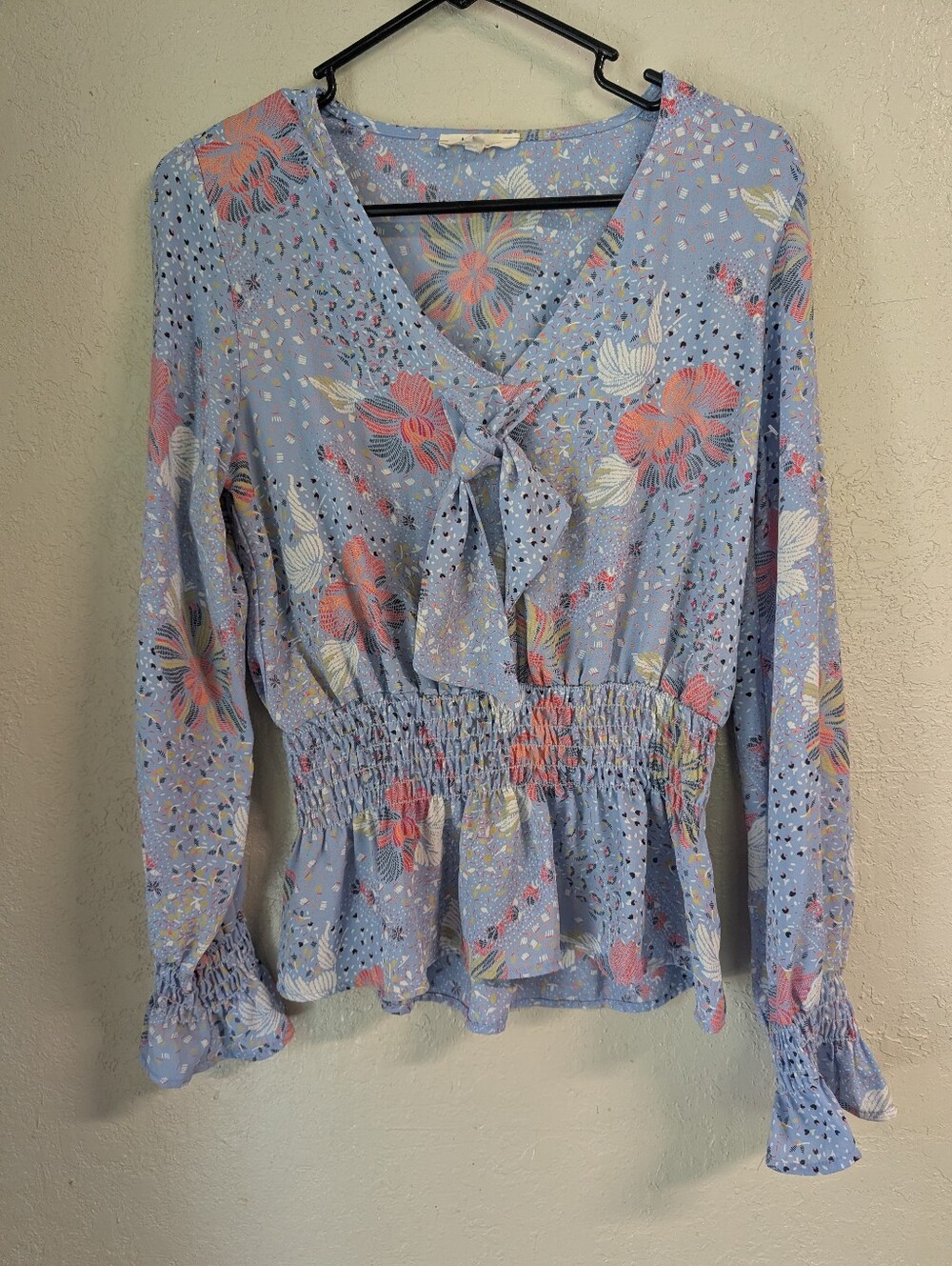 Floral Tie Neck Smocked Blouse S Blue Ruffle Retro Boho Hippie Festival Cottage